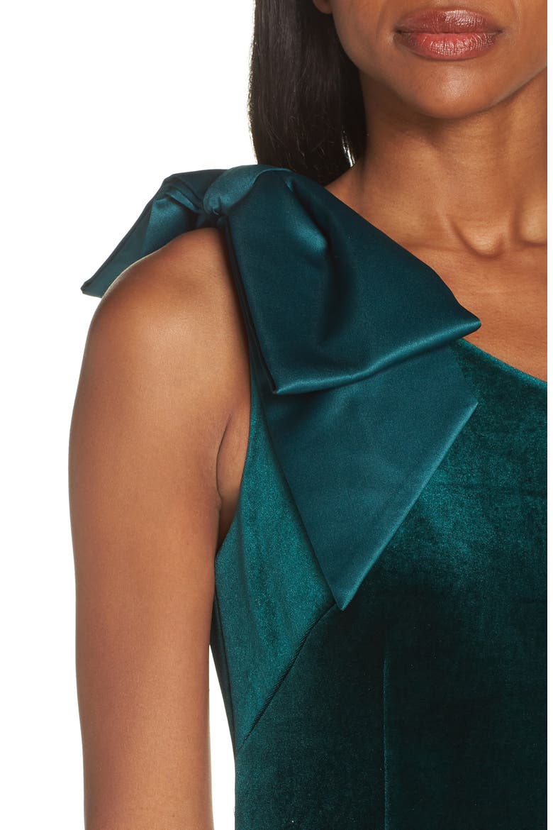 Bow One-Shoulder Velvet Gown, Alternate, color, HUNTER