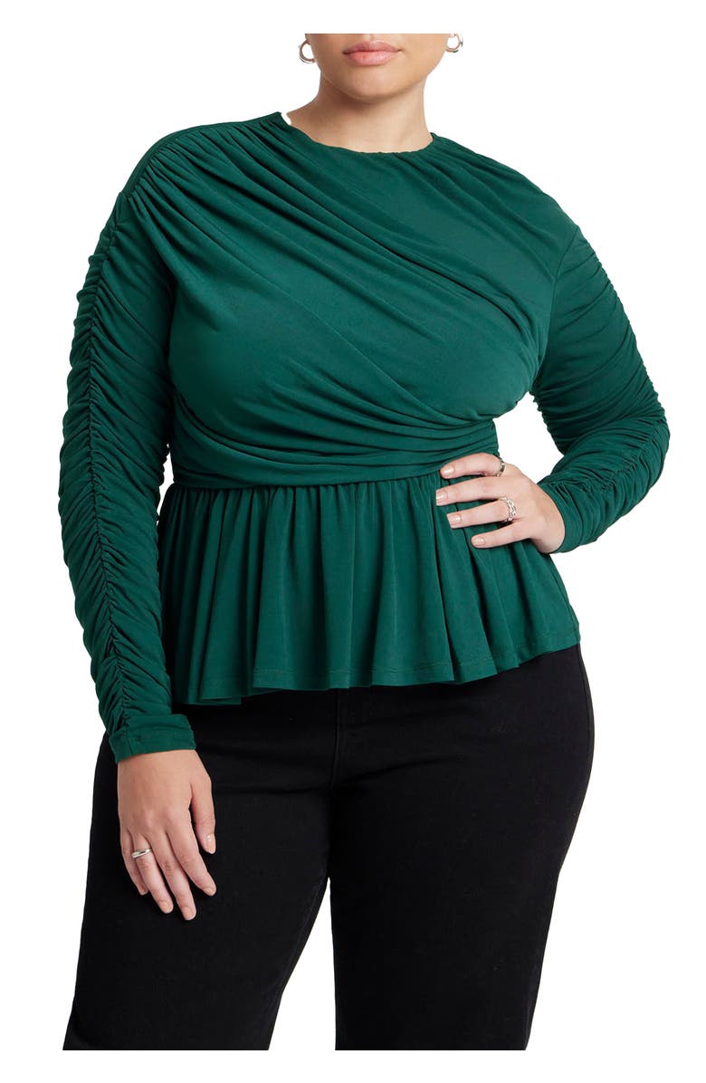 ELOQUII Shirred Peplum Top, Main, color, Rainforest