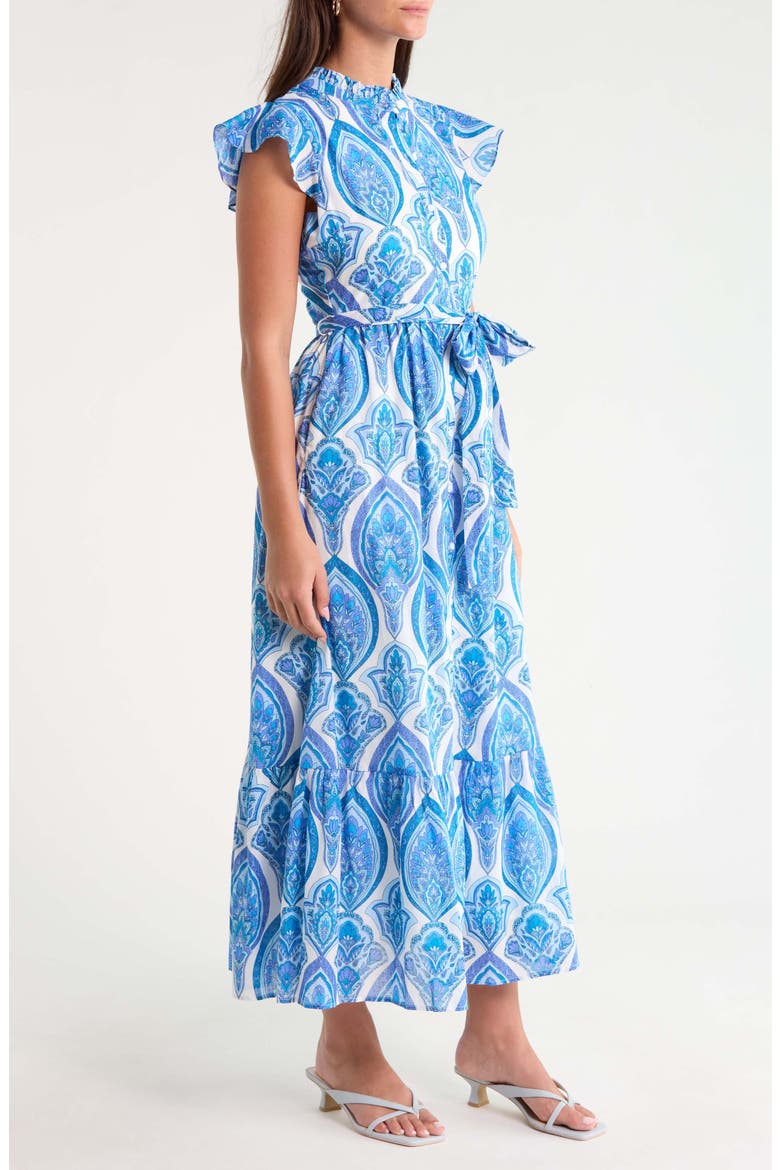 Riah Print Belted Cotton Button-Up Maxi Dress, Alternate, color, WHITE-BLUES-COMBO