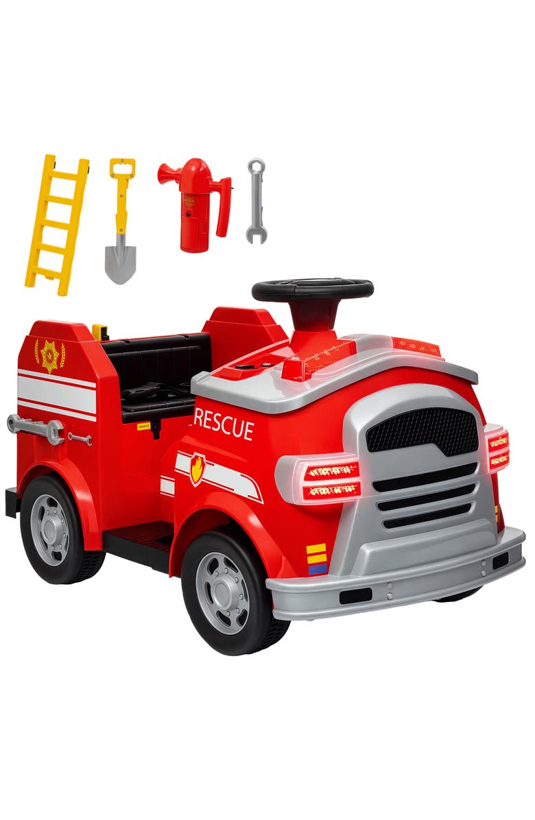 Qaba 12V Kids Ride on Fire Truck w/ Siren, Flashing Lights, Main, color, Red
