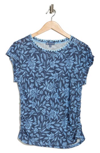 Democracy Trendy Plus Printed Side-shirred Cap-sleeve Top In Blue