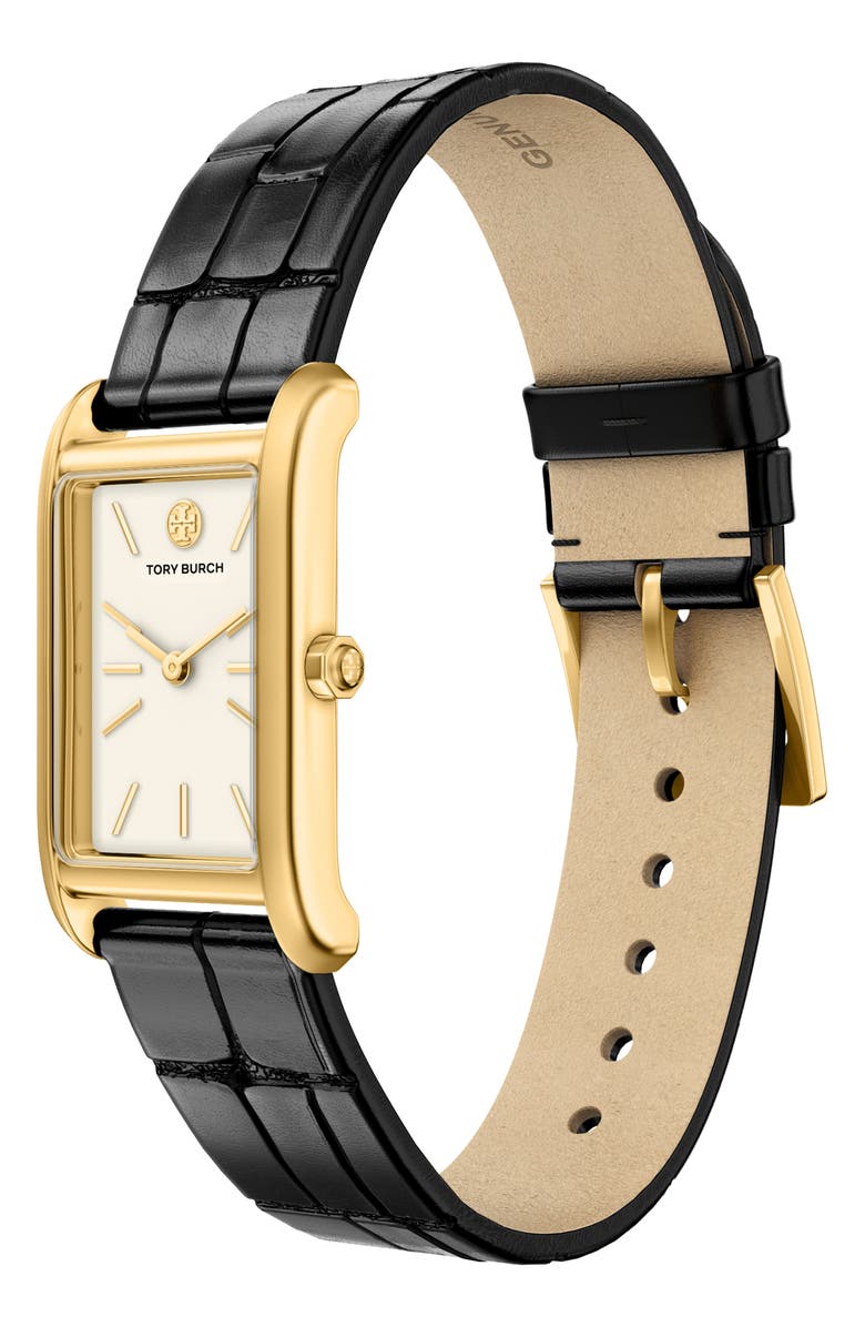 Tory Burch The Eleanor Slim Tank Leather Strap Watch, 20mm x 34mm, Alternate, color, Black/ Gold