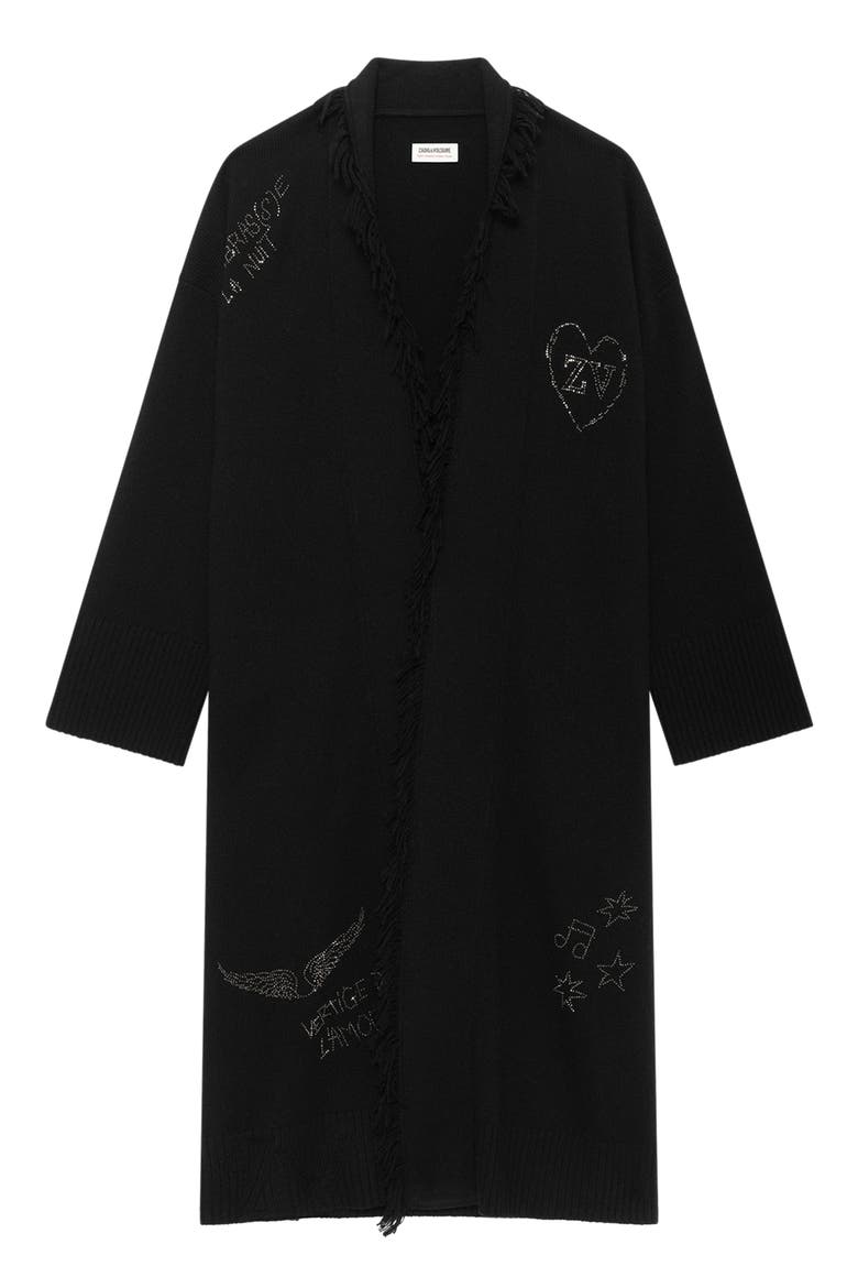 Cami Rhinestone Fringe Trim Longline Wool & Cashmere Sweater, Alternate, color, BLACK