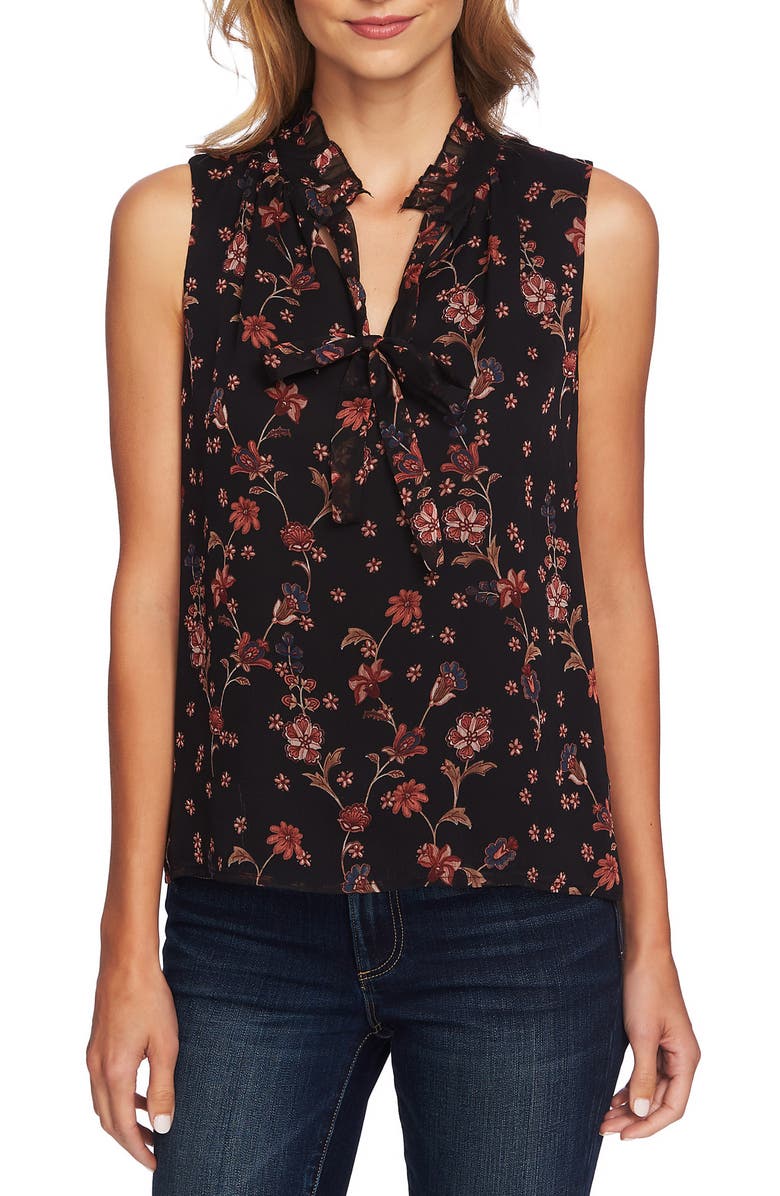 CeCe Bohemian Garden Tie Neck Sleeveless Blouse, Main, color,