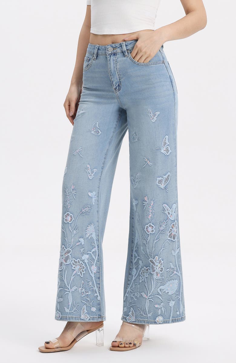 Bayeas Embroidered High Waist Wide Leg Jeans, Alternate, color, Azuredream