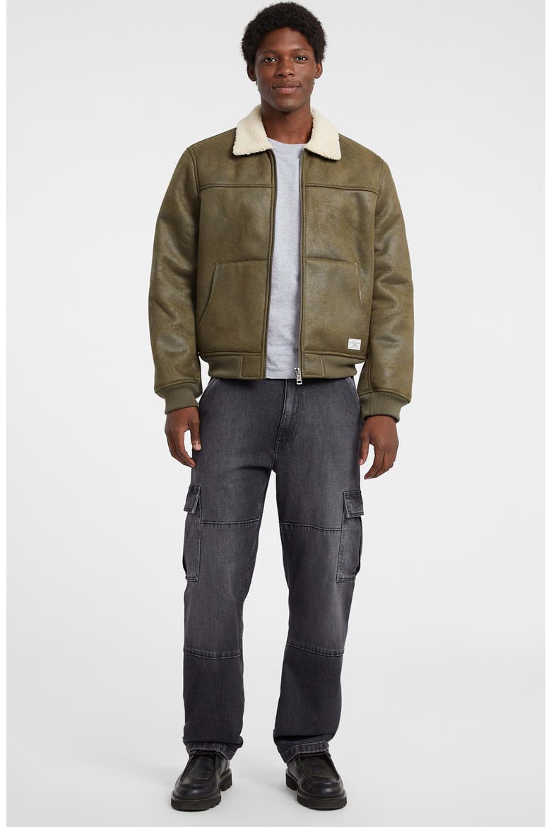 Faux Leather & Faux Shearling Bomber Jacket, Alternate, color, GREEN