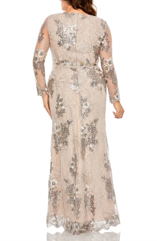 Mac Duggal V Neck Mesh Long Sleeve Embroidered Gown In Taupe