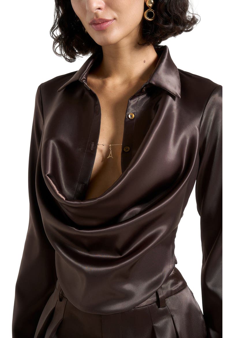 Satia Satin Cowl Shirt with Chain Detail, Alternate, color, Brown