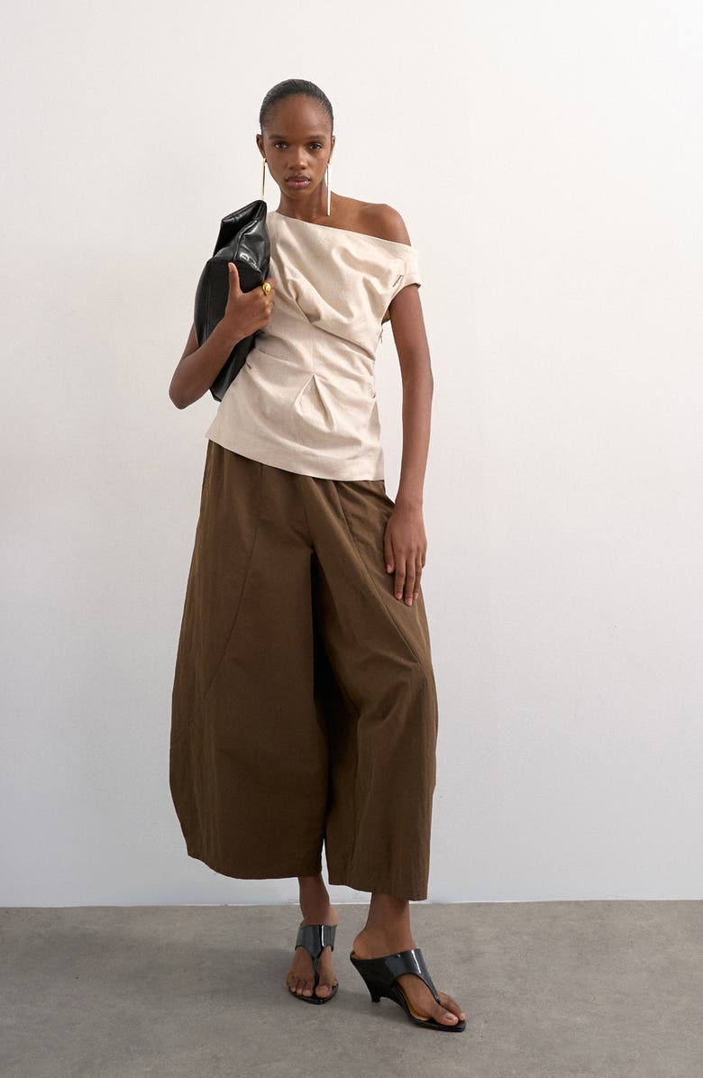 Topshop Cinched Waist Linen Blend Top, Alternate, color, Beige