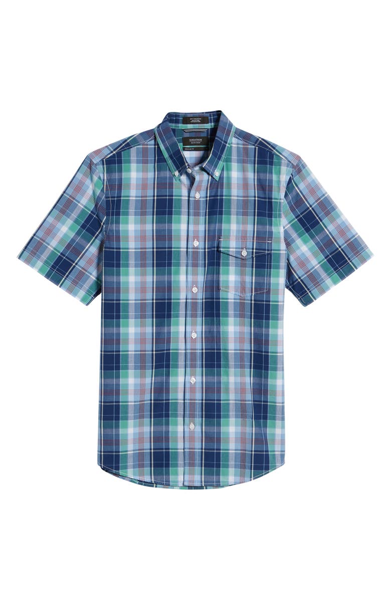NORDSTROM MEN'S SHOP Regular Fit Plaid Short Sleeve Button-Down Linen Blend Shirt, Alternate, color,
