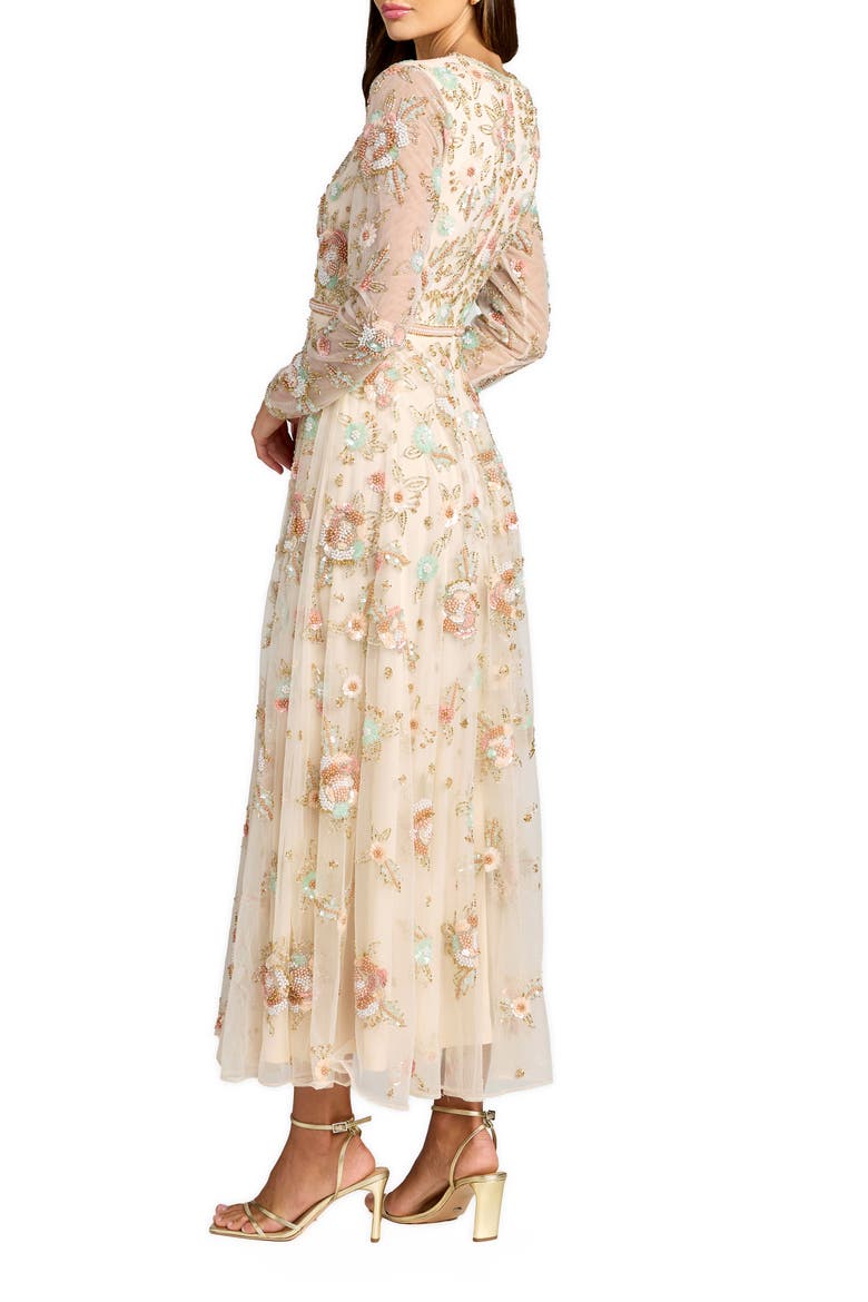 Floral Embellished Long Sleeve Mesh Midi Dress, Alternate, color, Beige Multi
