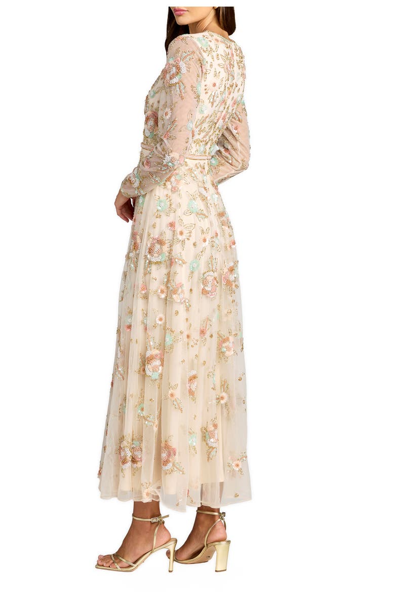 Mac Duggal Floral Embellished Long Sleeve Mesh Midi Dress, Alternate, color, Beige Multi