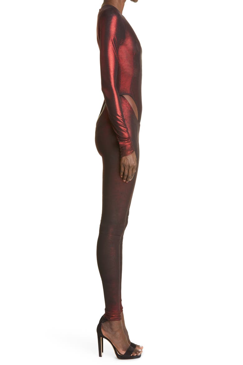 Cutout Long Sleeve Mesh Jumpsuit, Alternate, color, OXBLOOD