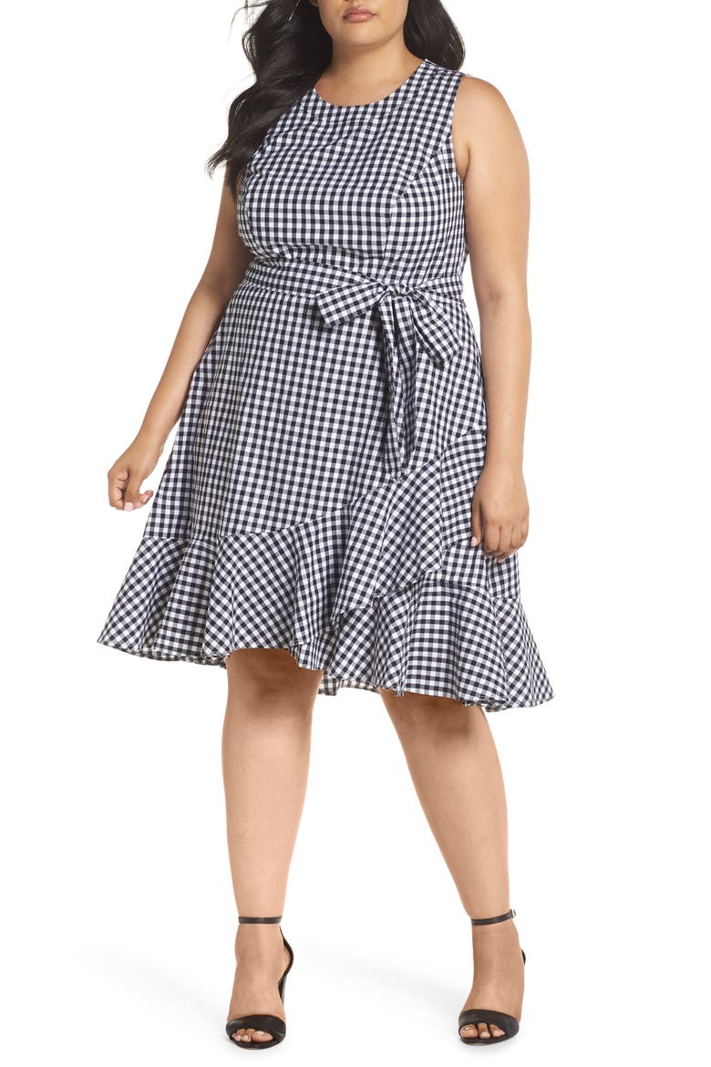 Belted Ruffle Hem Gingham Dress, Main, color, BLACK/ WHITE