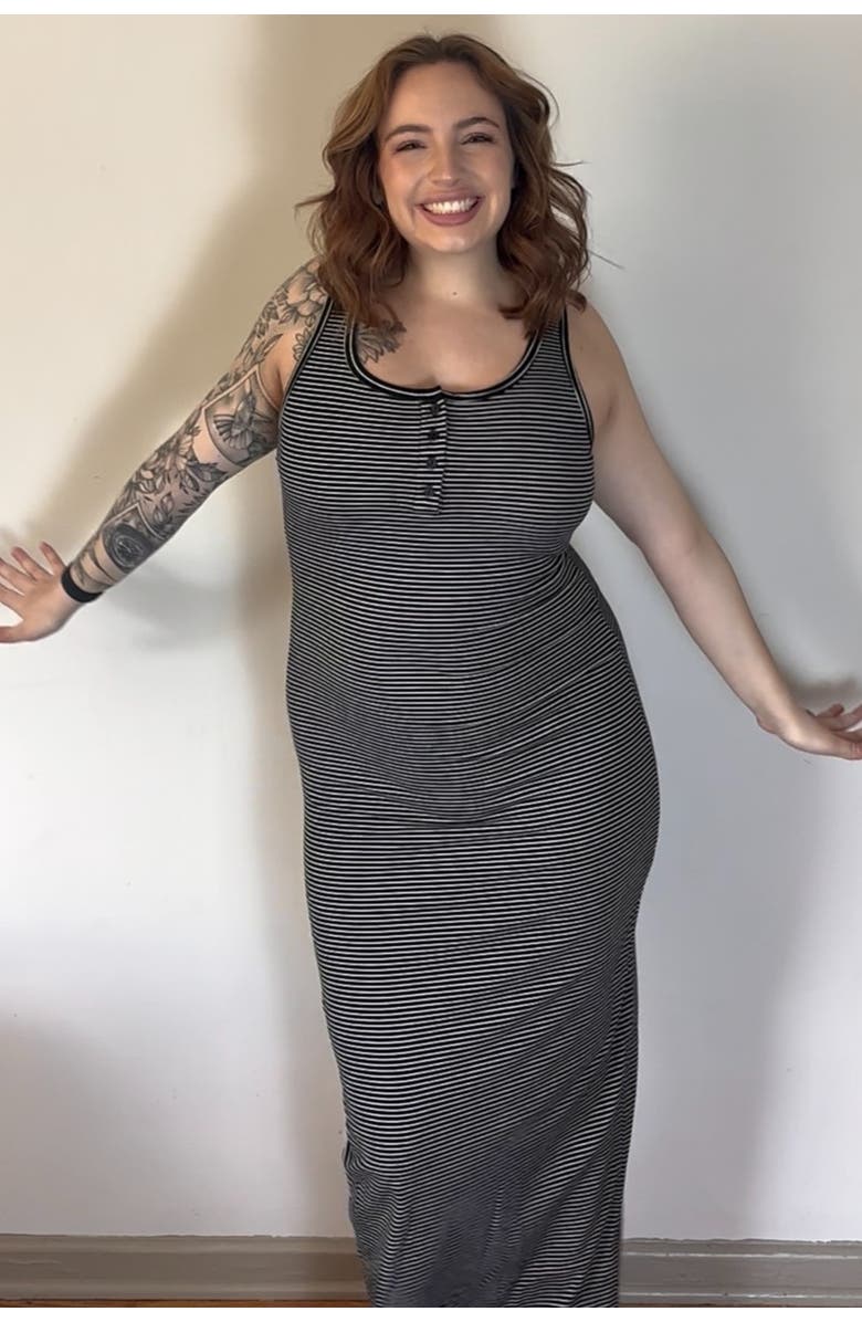 PinkBlush Grey Striped Button Front Sleeveless Maxi Dress, Alternate, color, Black