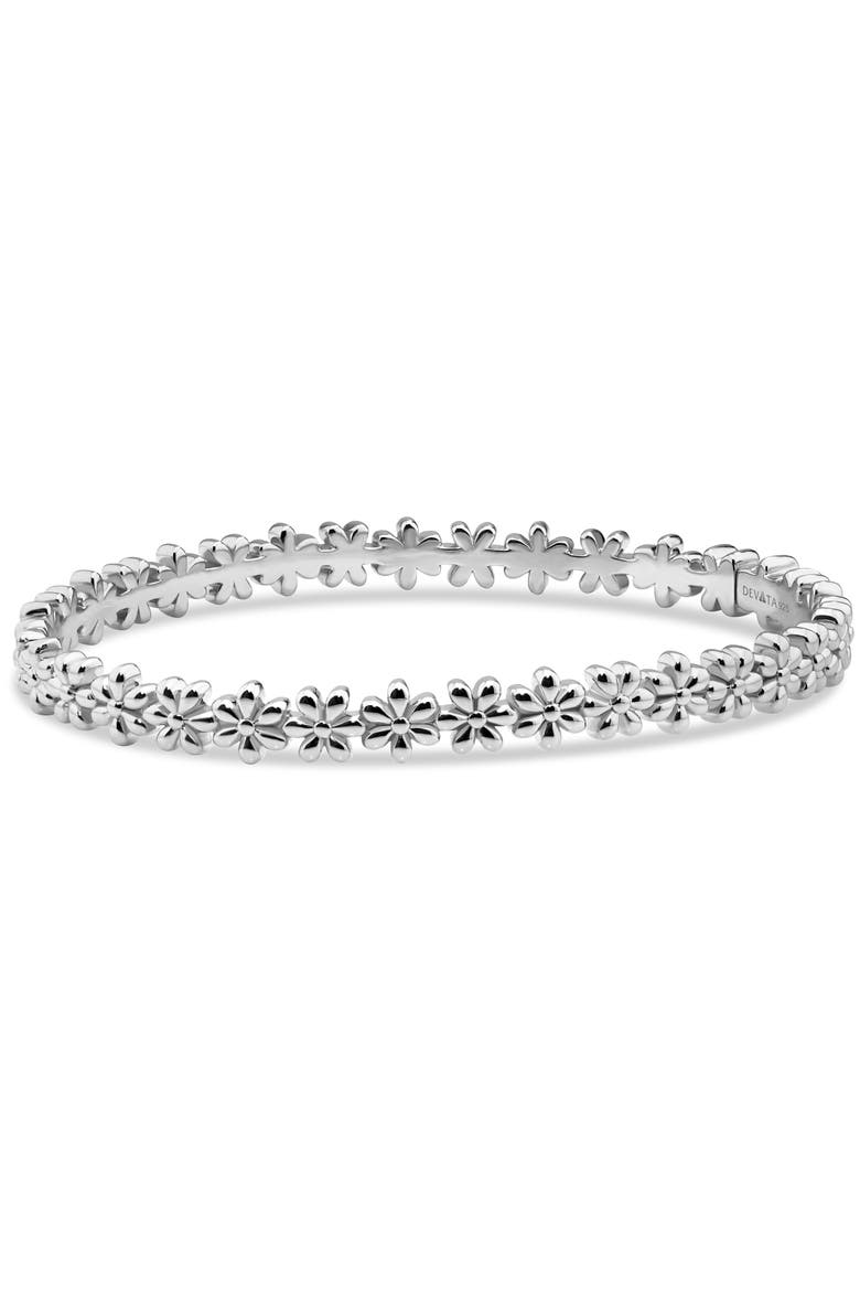 Daisy Flower Eternity Bangle Bracelet in Rhodium Plated Sterling Silver, Alternate, color, Silver