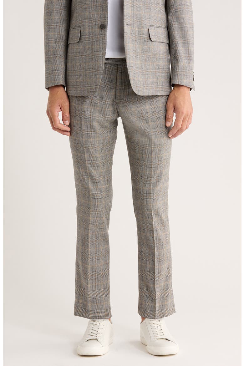Plaid Flat Front Wool Pants, Main, color, GREY/ CAMEL PLAID