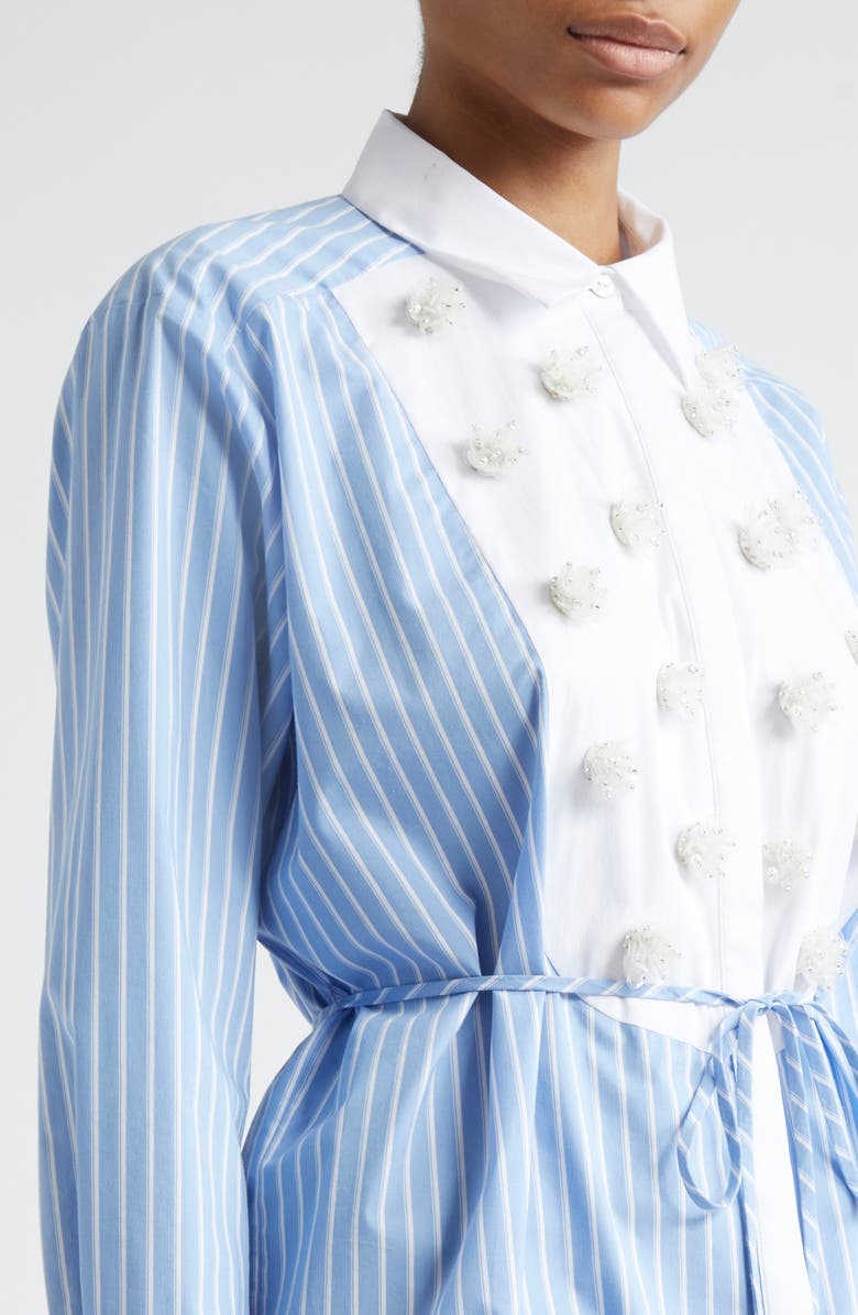 Cinq à Sept Debbie Metallic Floral Appliqué Long Sleeve Cotton Blend Shirtdress, Alternate, color, French Blue/ White