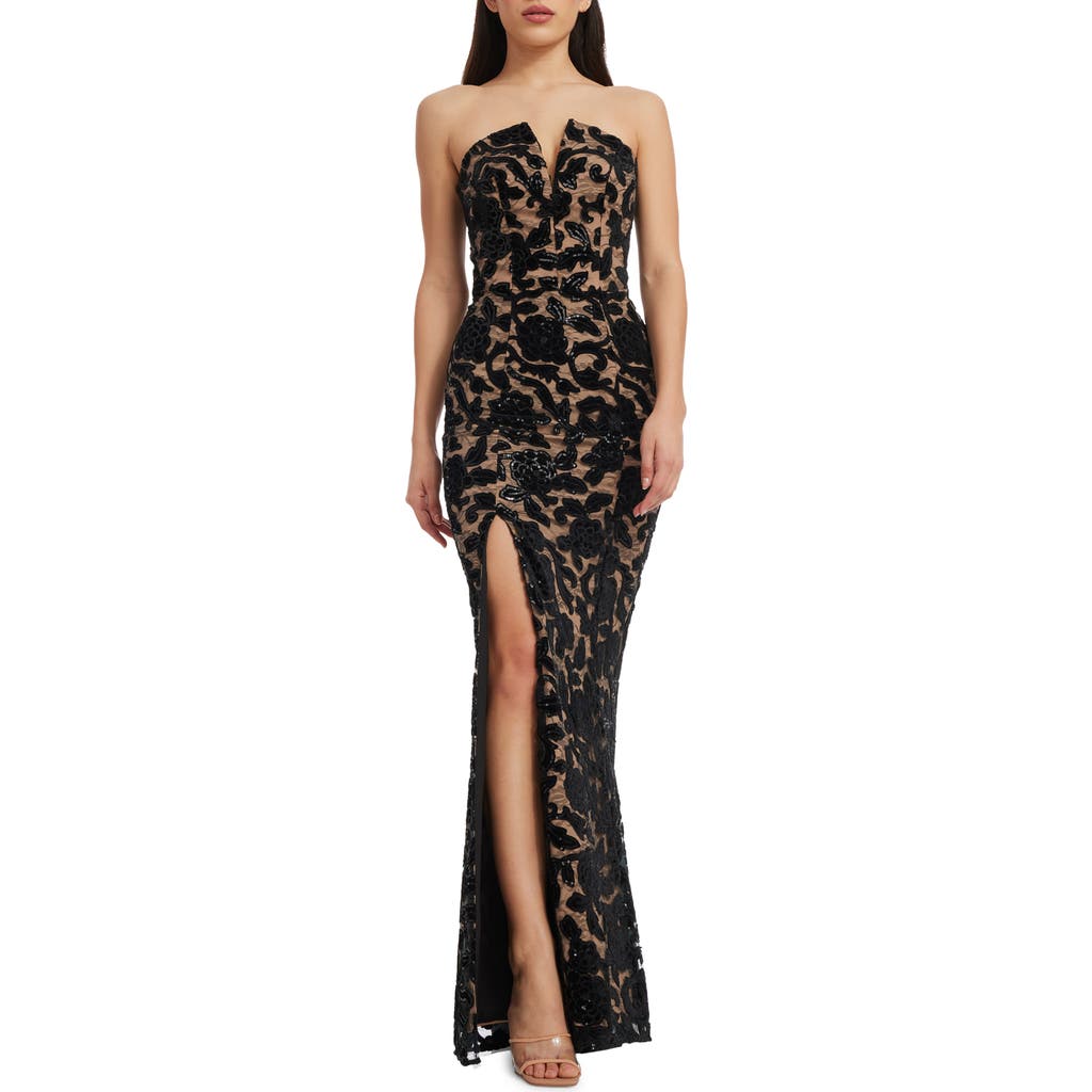 Dress the Population Fernanda Floral Sequin Strapless Evening Gown in Black-Beige