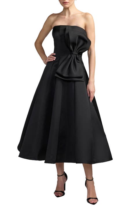 Strapless Satin A-line Midi Dress With Bow