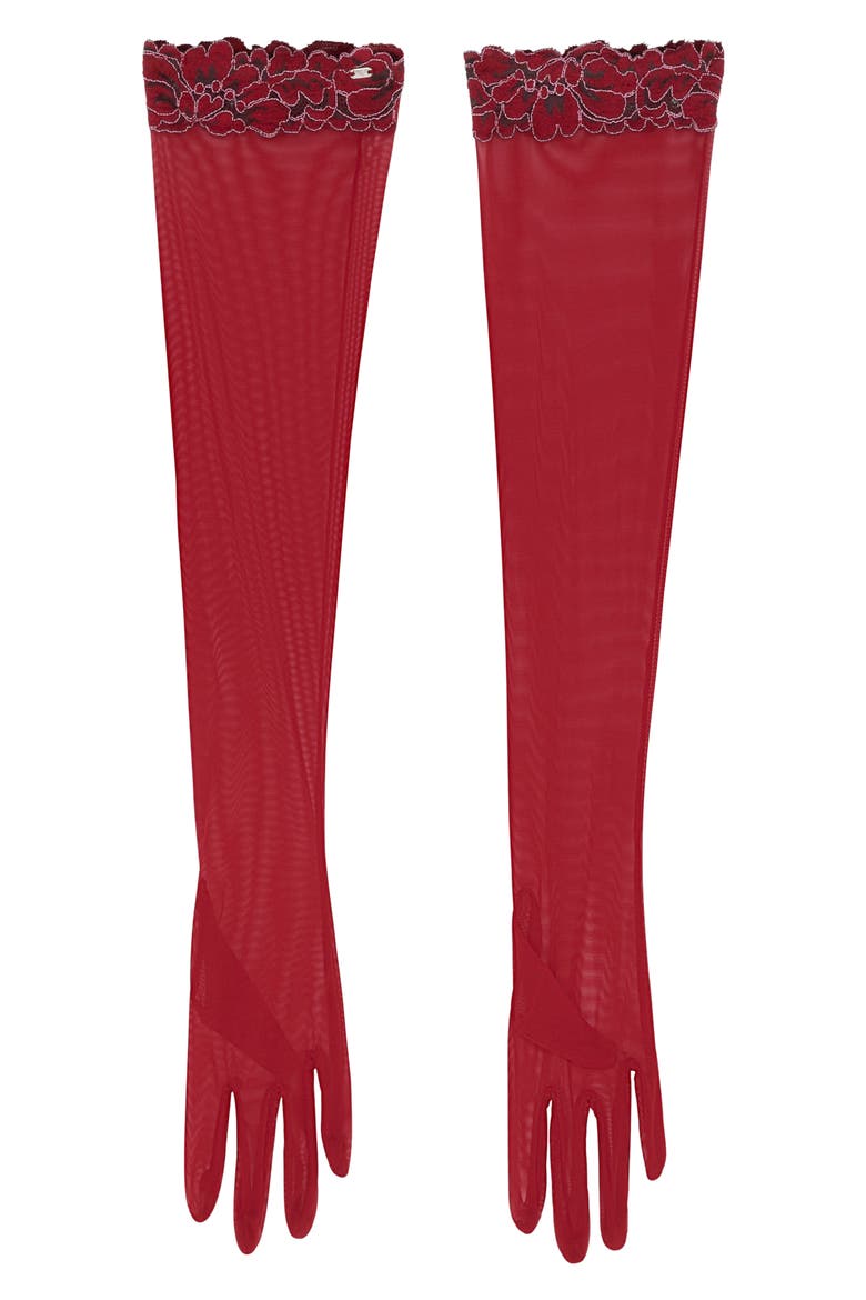 Floral Corded Lace Opera Gloves, Main, color, RED COGNAC
