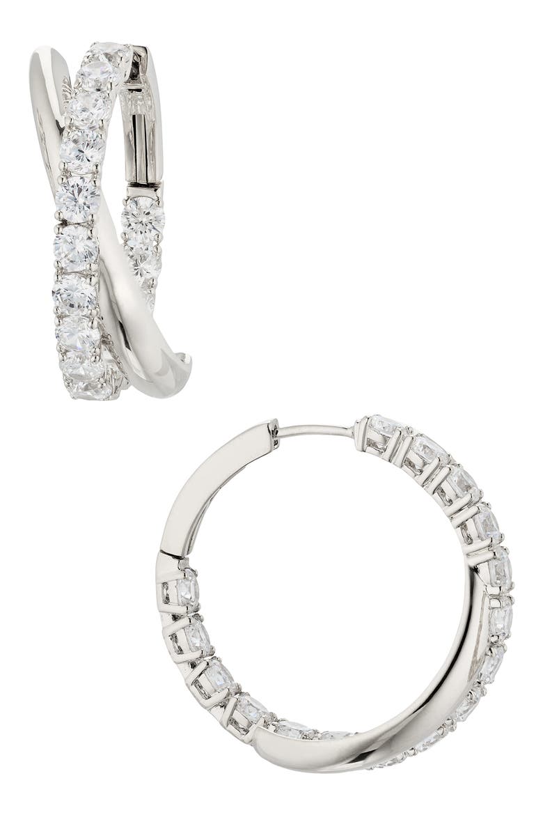 Twilight Cubic Zirconia Crossover Hoop Earrings, Main, color, RHODIUM