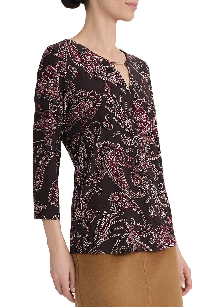Keyhole Three-Quarter Sleeve Crepe Top, Alternate, color, COFFEE BEAN MULTI