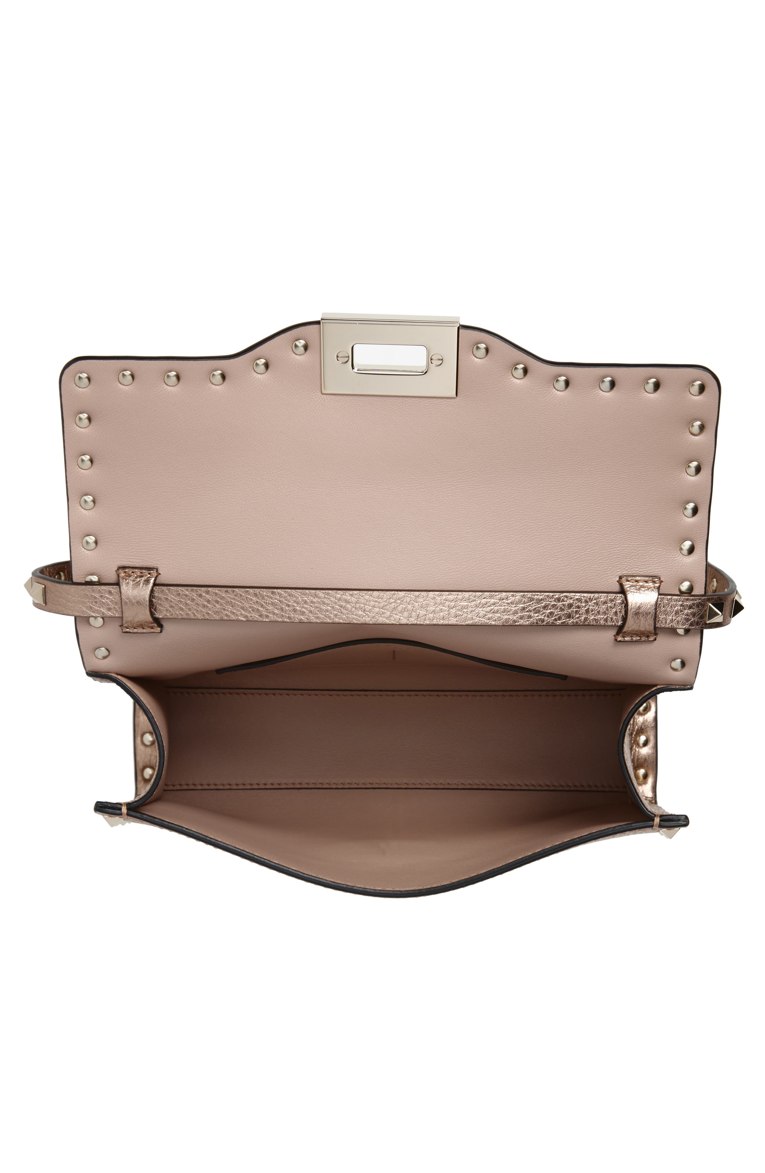 Valentino Garavani Small Rockstud Grained Metallic Leather Shoulder Bag, Alternate, color, Rose