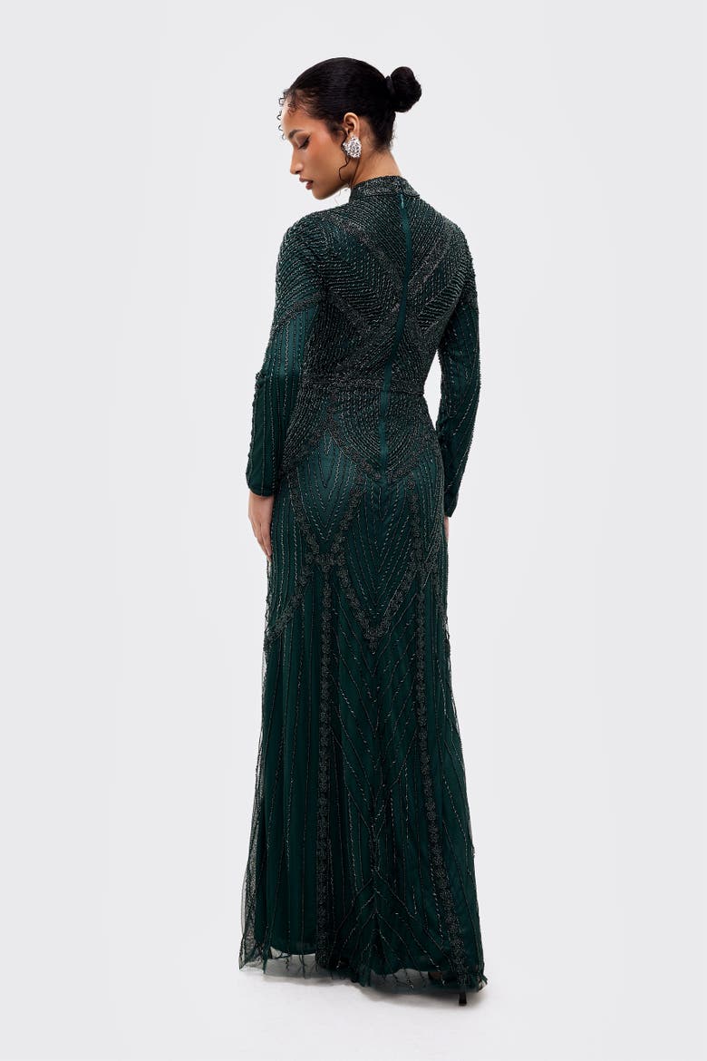 Modest Abstract Embellished Sequin Maxi Dress, Alternate, color, TEAL GREEN