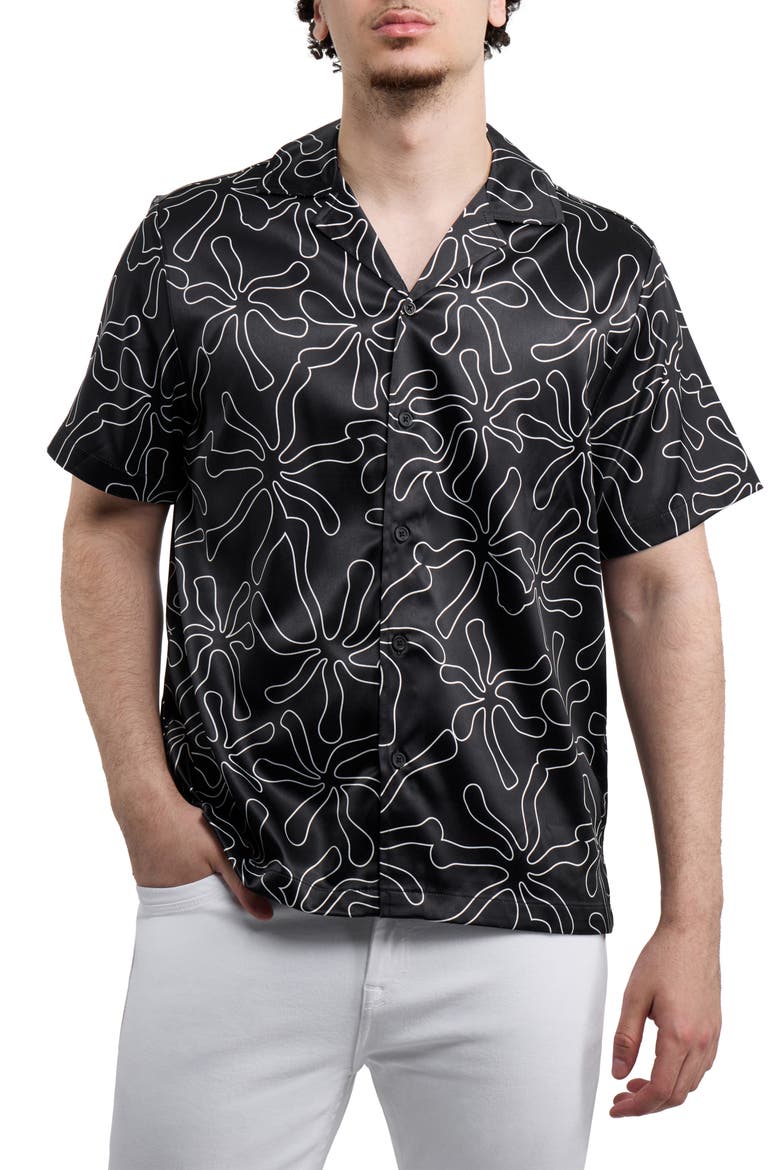 Flower Clouds Printed Camp Shirt, Main, color, BLACK