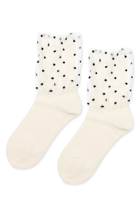 Flocked Dot Tulle Overlay Crew Socks