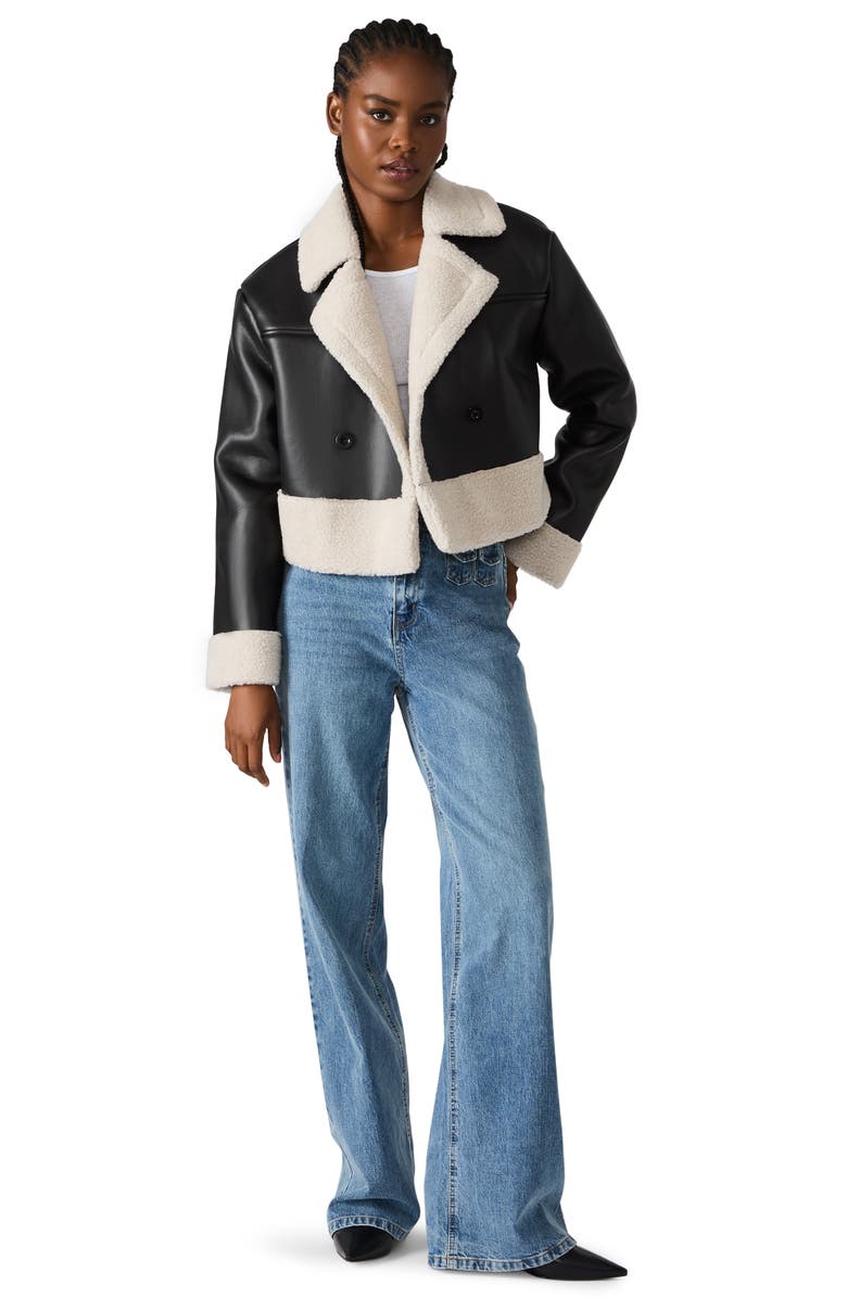 Steve Madden Athen Faux Shearling Trim Moto Jacket, Alternate, color, Black