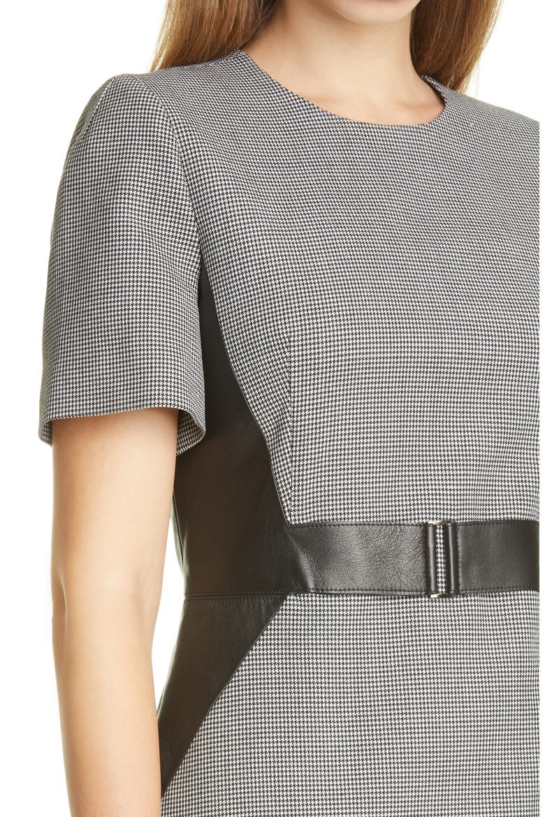 Barcelona Leather Detail Houndstooth Dress, Alternate, color, BLACK
