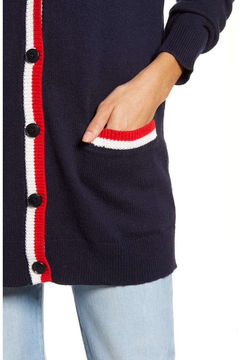 Tipped Long Cardigan, Alternate, color, NAVY- IVORY RED TIP