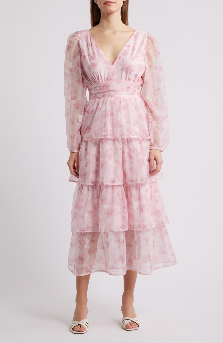 LAYERED WITH LOVE Amanda Floral Tiered Chiffon Midi Dress, Main, color, Falling Flowers