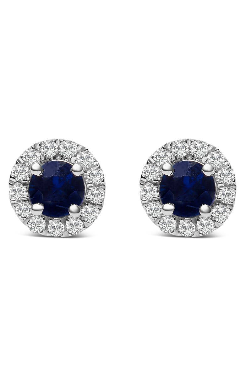 Haus of Brilliance 10K White Gold Blue Sapphire and 1/10 Ct Diamond Halo Stud Earrings, Main, color, White