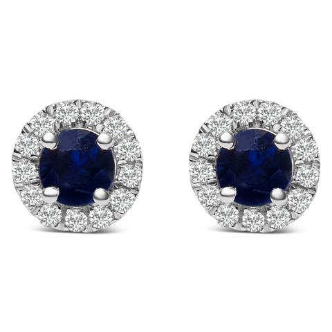 10K White Gold Blue Sapphire and 1/10 Ct Diamond Halo Stud Earrings