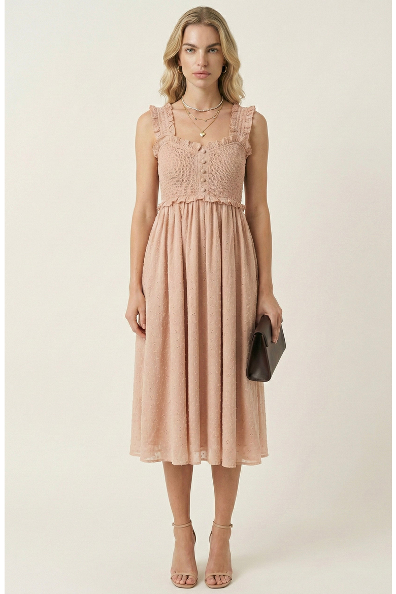 Smocked Ruffle Straps Midi Dress, Main, color, Blush Pink