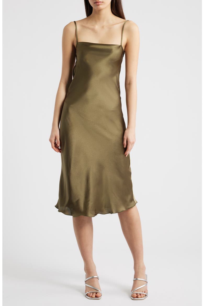 Bow Back Satin Cocktail Slipdress, Main, color, OLIVE