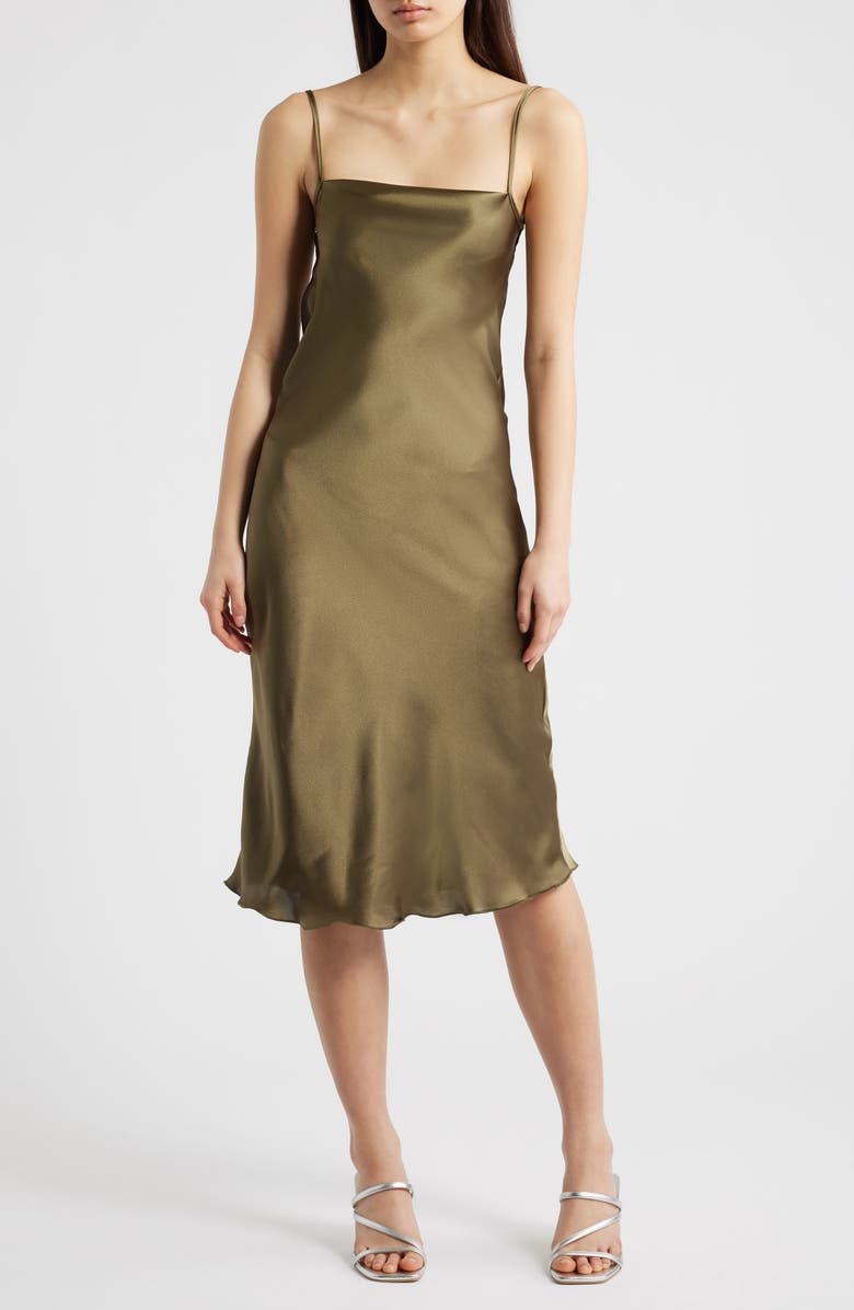 Jump Apparel Bow Back Satin Cocktail Slipdress, Main, color, Olive