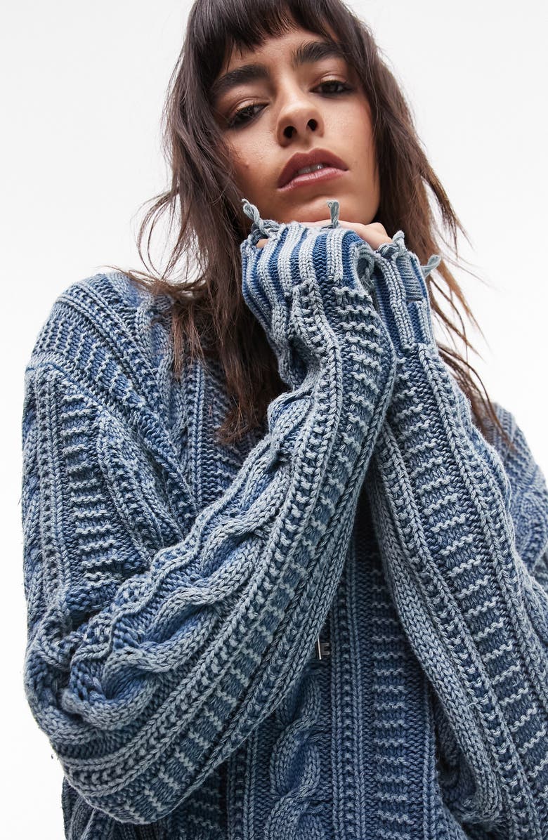 Topshop Acid Wash Frayed Crop Cable Sweater, Alternate, color, Medium Blue
