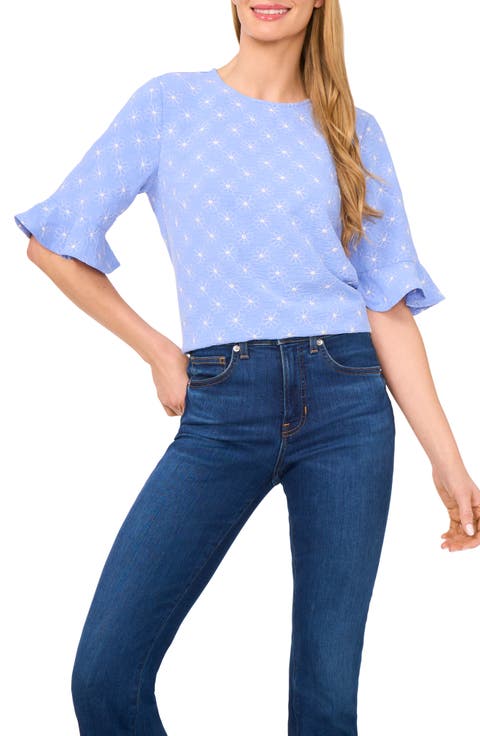 Floral Embroidered Ruffle Cuff Top