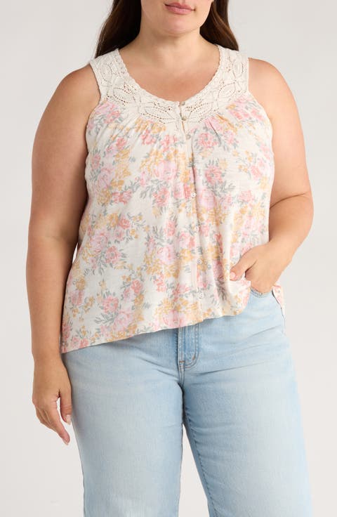Floral Lace Trim Sleeveless Top (Plus)