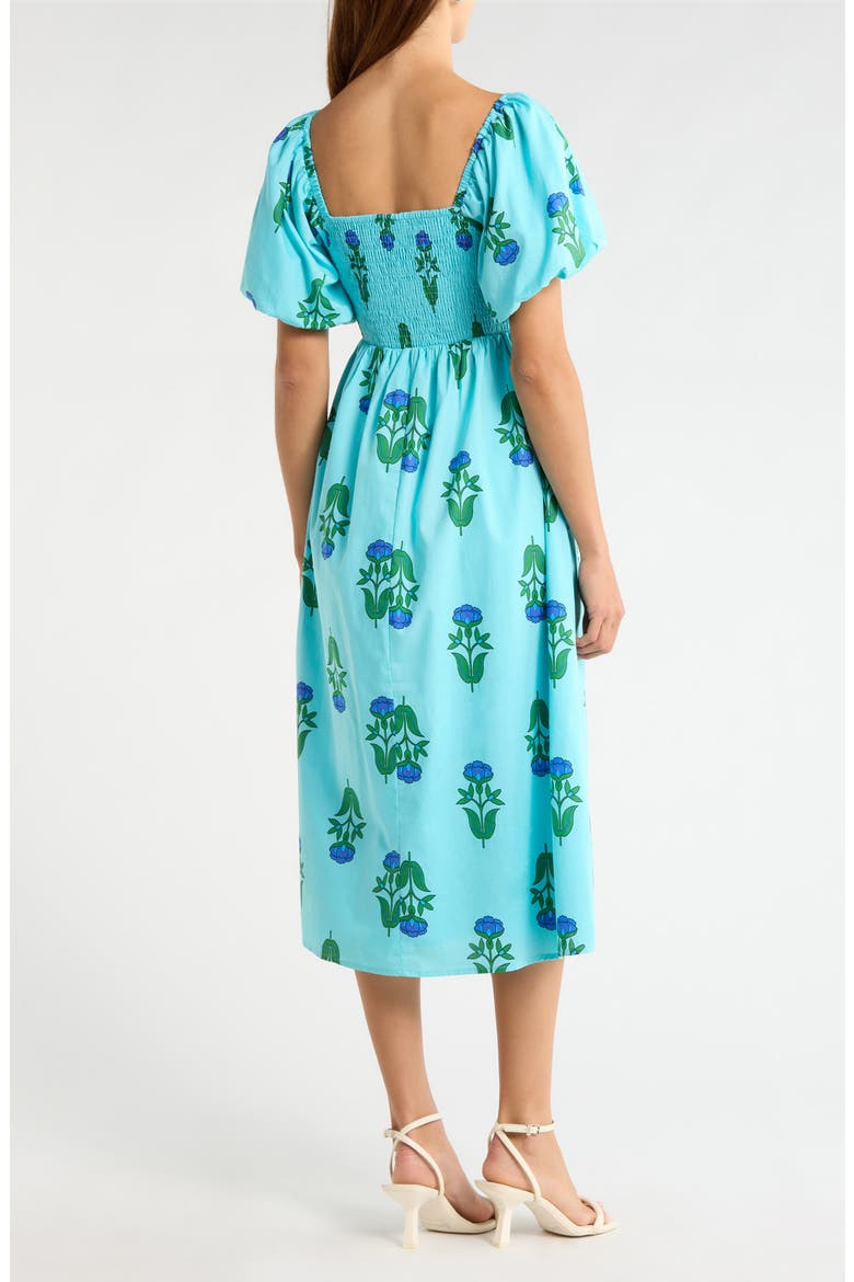 Amena Floral Maray Smocked Cotton Midi Dress, Alternate, color, BLUE GREEN