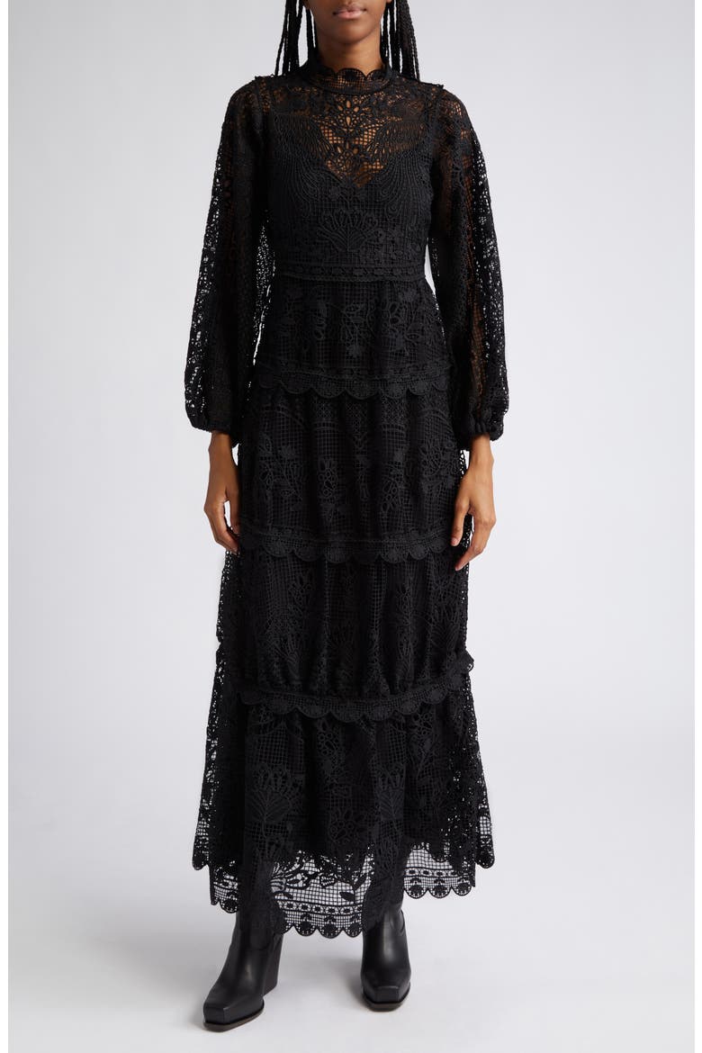 Long Sleeve Guipure Lace Maxi Dress, Main, color, BLACK