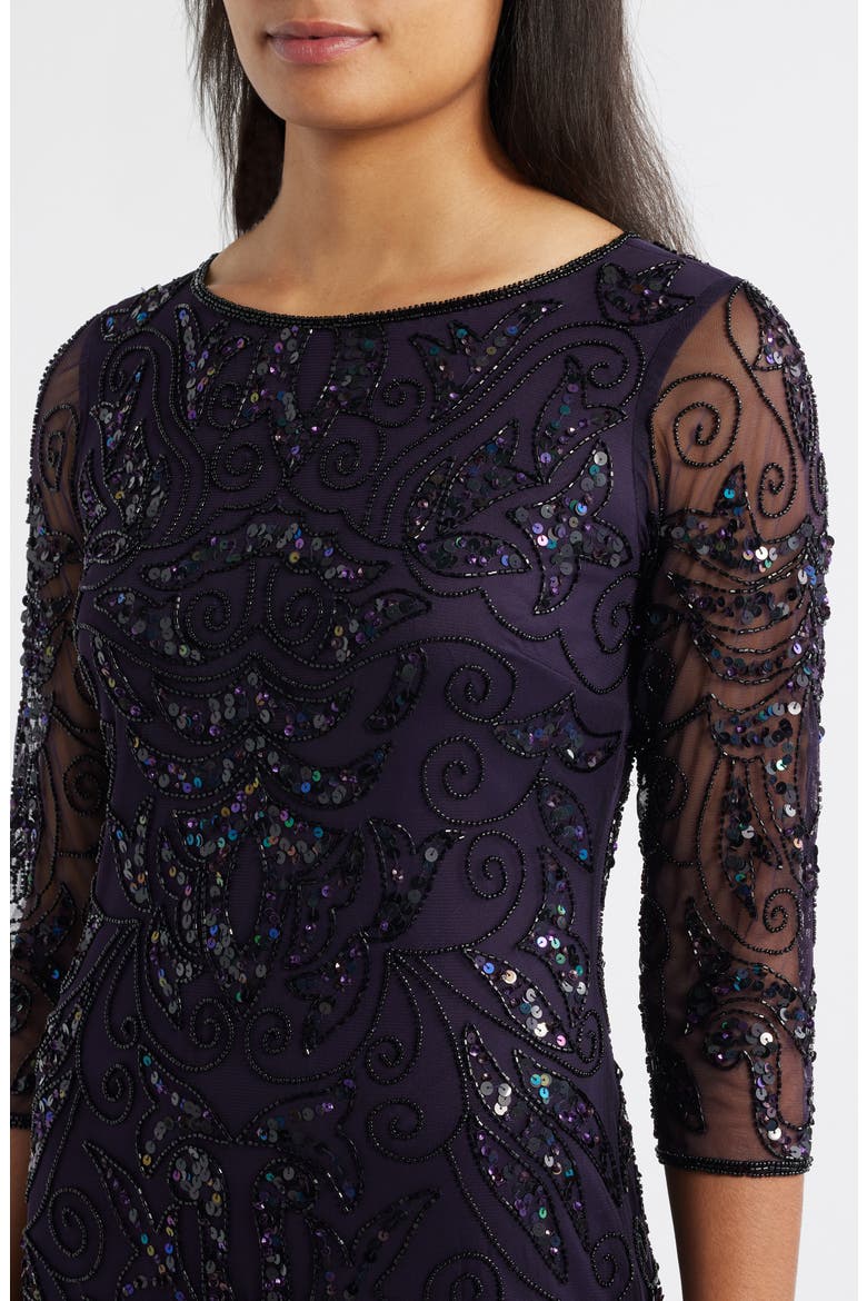 Illusion Sleeve Beaded A-Line Gown, Alternate, color, DEEP PURPL 505