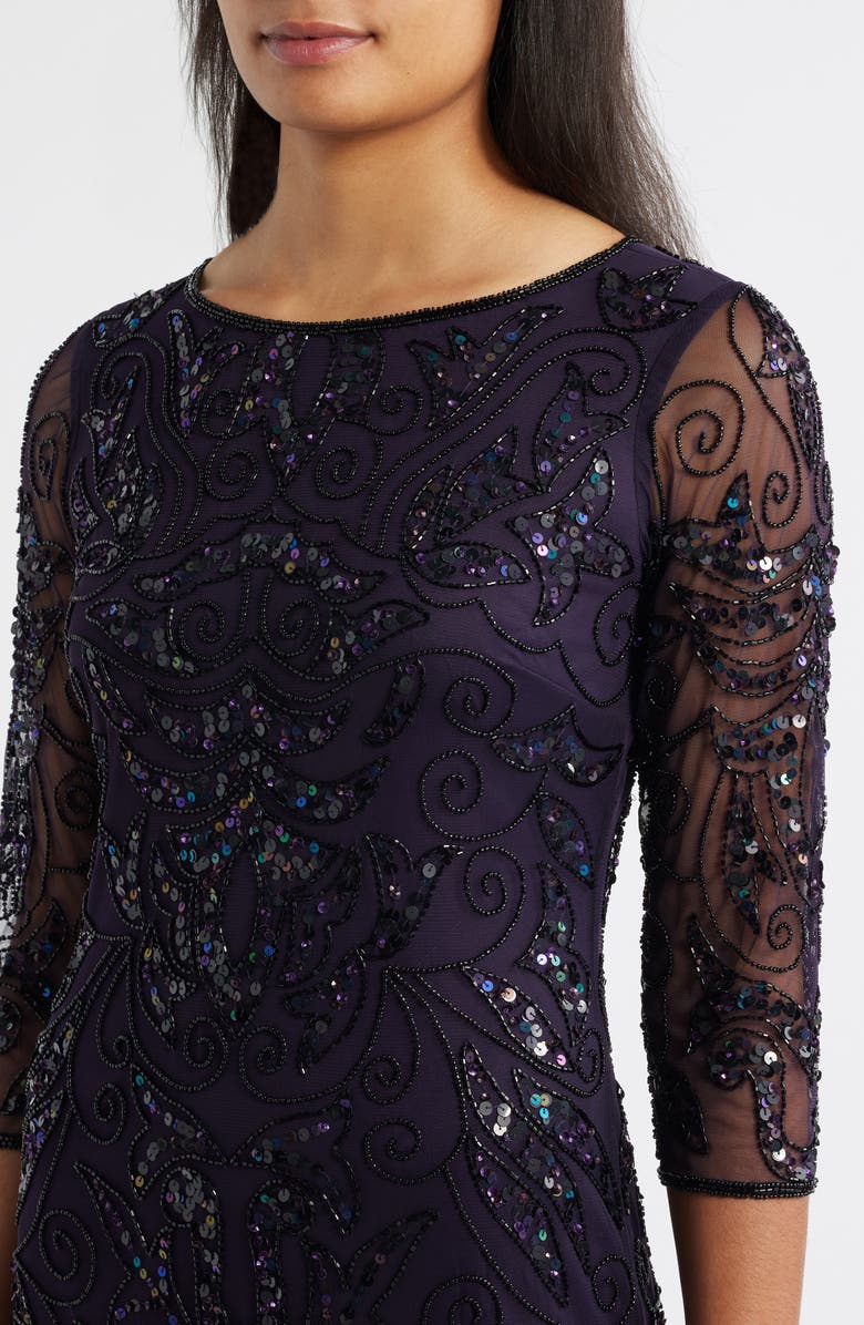 Illusion Sleeve Beaded A-Line Gown