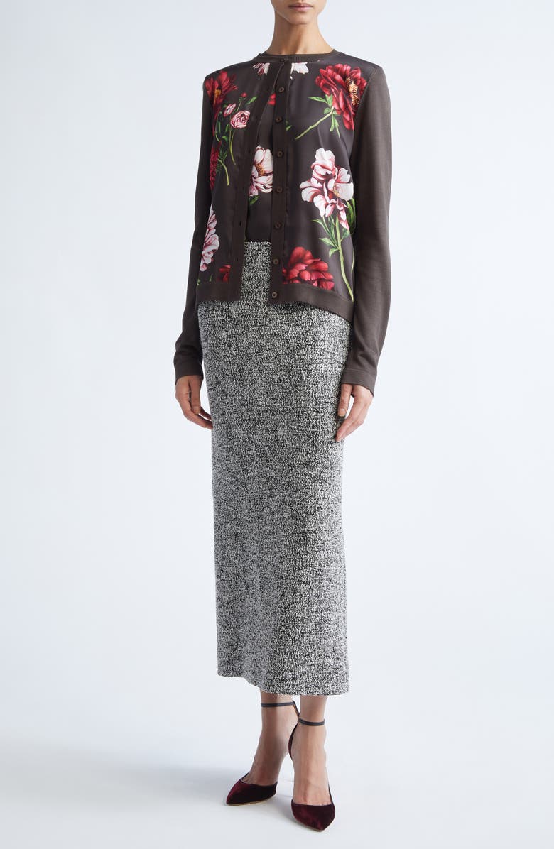 Oscar de la Renta Peony Print Silk Blend Cardigan, Alternate, color, Brown Multi