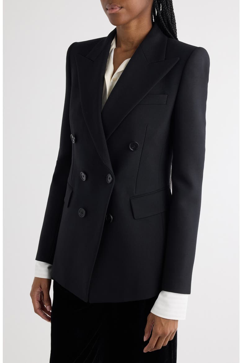 Double Breasted Virgin Wool Grain de Poudre Blazer, Alternate, color, BLACK
