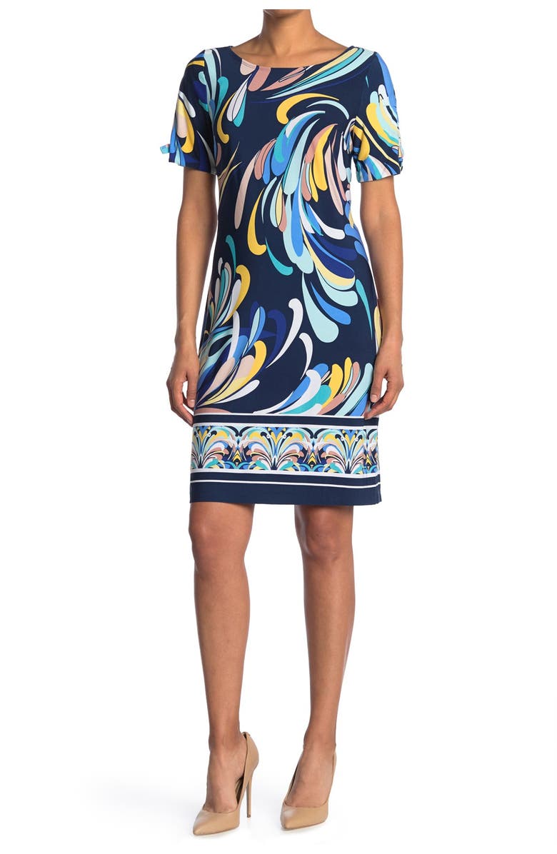 SANDRA DARREN Short Sleeve Aqua Pattern Shift Dress, Main, color,